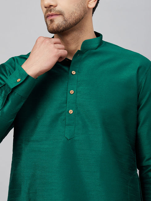VASTRAMAY Men's Green Silk Blend Curved Kurta